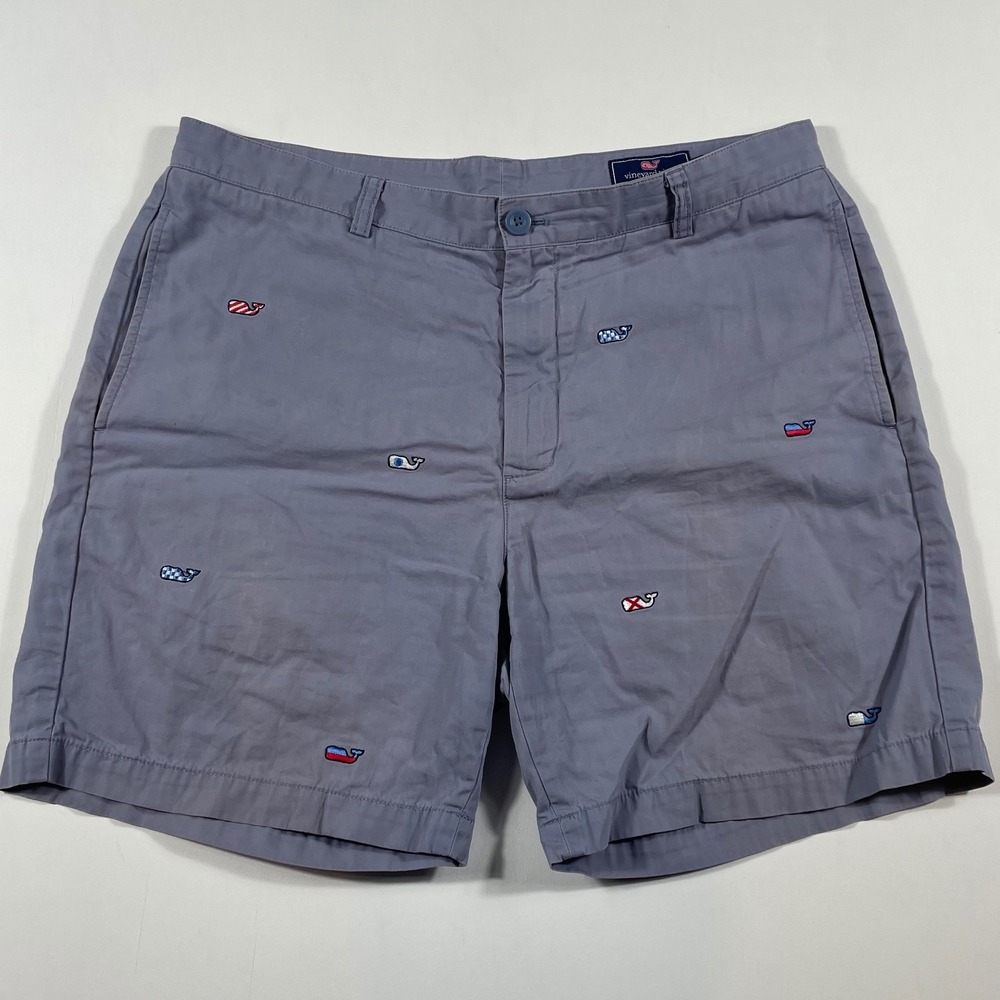 Vineyard Vines Chino Shorts‎ Mens 36x7 Embroidered Whale AOP Nautical Blue Gray